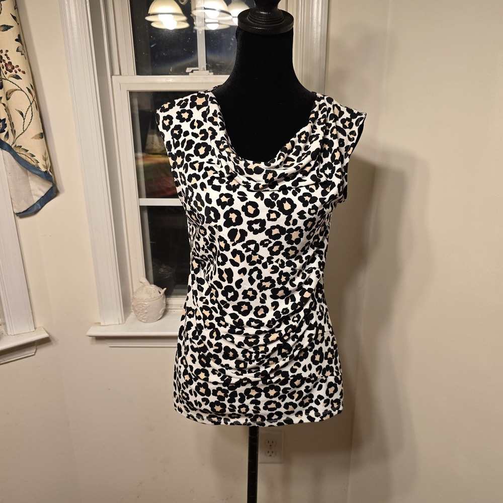 Ann Taylor Sleeveless Top Womens Size Medium Cheetah‎ Print Ruching Lightweight